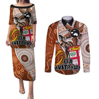 Fiji Australia Rugby Couples Matching Puletasi Dress and Long Sleeve Button Shirts Kangaroo and Palm Tree Orange Tapa Pattern Mix Aboriginal LT03 Orange - Polynesian Pride