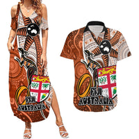 Fiji Australia Rugby Couples Matching Summer Maxi Dress and Hawaiian Shirt Kangaroo and Palm Tree Orange Tapa Pattern Mix Aboriginal LT03 Orange - Polynesian Pride