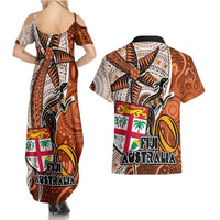 Fiji Australia Rugby Couples Matching Summer Maxi Dress and Hawaiian Shirt Kangaroo and Palm Tree Orange Tapa Pattern Mix Aboriginal LT03 - Polynesian Pride