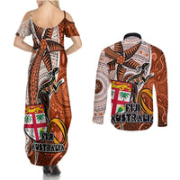 Fiji Australia Rugby Couples Matching Summer Maxi Dress and Long Sleeve Button Shirts Kangaroo and Palm Tree Orange Tapa Pattern Mix Aboriginal LT03 - Polynesian Pride