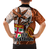 Fiji Australia Rugby Kid Hawaiian Shirt Kangaroo and Palm Tree Orange Tapa Pattern Mix Aboriginal LT03 - Polynesian Pride