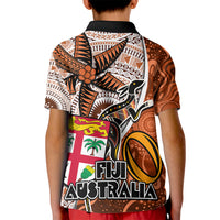 Fiji Australia Rugby Kid Polo Shirt Kangaroo and Palm Tree Orange Tapa Pattern Mix Aboriginal LT03 - Polynesian Pride
