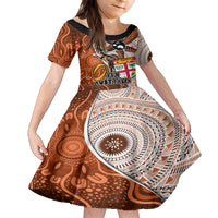 Fiji Australia Rugby Kid Short Sleeve Dress Kangaroo and Palm Tree Orange Tapa Pattern Mix Aboriginal LT03 KID Orange - Polynesian Pride