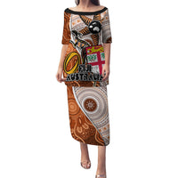 Fiji Australia Rugby Puletasi Kangaroo and Palm Tree Orange Tapa Pattern Mix Aboriginal LT03 Long Dress Orange - Polynesian Pride