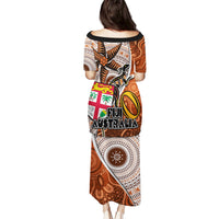 Fiji Australia Rugby Puletasi Kangaroo and Palm Tree Orange Tapa Pattern Mix Aboriginal LT03 - Polynesian Pride