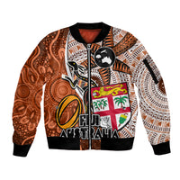 Fiji Australia Rugby Sleeve Zip Bomber Jacket Kangaroo and Palm Tree Orange Tapa Pattern Mix Aboriginal LT03 Unisex Orange - Polynesian Pride