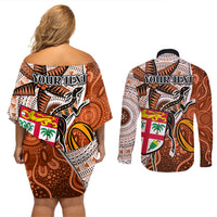 Personalised Fiji Australia Rugby Couples Matching Off Shoulder Short Dress and Long Sleeve Button Shirts Kangaroo and Palm Tree Orange Tapa Pattern Mix Aboriginal LT03 - Polynesian Pride