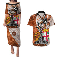 Personalised Fiji Australia Rugby Couples Matching Puletasi Dress and Hawaiian Shirt Kangaroo and Palm Tree Orange Tapa Pattern Mix Aboriginal LT03 Orange - Polynesian Pride