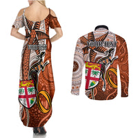 personalised-fiji-australia-rugby-couples-matching-summer-maxi-dress-and-long-sleeve-button-shirts-kangaroo-and-palm-tree-orange-tapa-pattern-mix-aboriginal