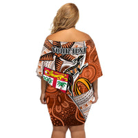 Personalised Fiji Australia Rugby Off Shoulder Short Dress Kangaroo and Palm Tree Orange Tapa Pattern Mix Aboriginal LT03 - Polynesian Pride