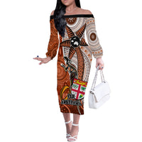 personalised-fiji-australia-rugby-off-the-shoulder-long-sleeve-dress-kangaroo-and-palm-tree-orange-tapa-pattern-mix-aboriginal