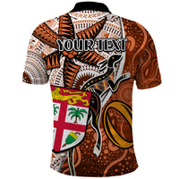 Personalised Fiji Australia Rugby Polo Shirt Kangaroo and Palm Tree Orange Tapa Pattern Mix Aboriginal LT03 - Polynesian Pride