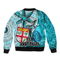Fiji Australia Rugby Bomber Jacket Kangaroo and Palm Tree Blue Tapa Pattern Mix Aboriginal LT03 - Polynesian Pride