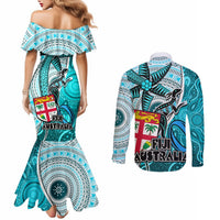 Fiji Australia Rugby Couples Matching Mermaid Dress and Long Sleeve Button Shirts Kangaroo and Palm Tree Blue Tapa Pattern Mix Aboriginal LT03 - Polynesian Pride