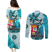 Fiji Australia Rugby Couples Matching Puletasi Dress and Long Sleeve Button Shirts Kangaroo and Palm Tree Blue Tapa Pattern Mix Aboriginal LT03 - Polynesian Pride