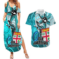 Fiji Australia Rugby Couples Matching Summer Maxi Dress and Hawaiian Shirt Kangaroo and Palm Tree Blue Tapa Pattern Mix Aboriginal LT03 Blue - Polynesian Pride