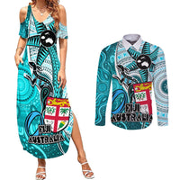 Fiji Australia Rugby Couples Matching Summer Maxi Dress and Long Sleeve Button Shirts Kangaroo and Palm Tree Blue Tapa Pattern Mix Aboriginal LT03 Blue - Polynesian Pride