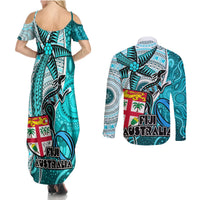 Fiji Australia Rugby Couples Matching Summer Maxi Dress and Long Sleeve Button Shirts Kangaroo and Palm Tree Blue Tapa Pattern Mix Aboriginal LT03 - Polynesian Pride