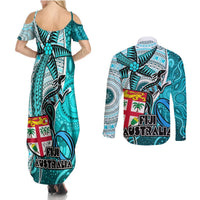 Fiji Australia Rugby Couples Matching Summer Maxi Dress and Long Sleeve Button Shirts Kangaroo and Palm Tree Blue Tapa Pattern Mix Aboriginal LT03 - Polynesian Pride