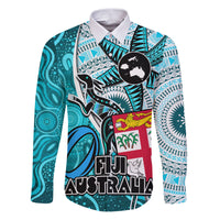 Fiji Australia Rugby Family Matching Puletasi Dress and Hawaiian Shirt Kangaroo and Palm Tree Blue Tapa Pattern Mix Aboriginal LT03 Dad's Shirt - Long Sleeve Blue - Polynesian Pride