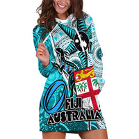 Fiji Australia Rugby Hoodie Dress Kangaroo and Palm Tree Blue Tapa Pattern Mix Aboriginal LT03 Blue - Polynesian Pride