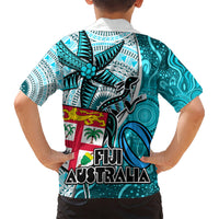 Fiji Australia Rugby Kid Hawaiian Shirt Kangaroo and Palm Tree Blue Tapa Pattern Mix Aboriginal LT03 - Polynesian Pride