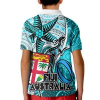 Fiji Australia Rugby Kid Polo Shirt Kangaroo and Palm Tree Blue Tapa Pattern Mix Aboriginal LT03 - Polynesian Pride