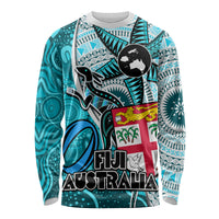 Fiji Australia Rugby Long Sleeve Shirt Kangaroo and Palm Tree Blue Tapa Pattern Mix Aboriginal LT03 Unisex Blue - Polynesian Pride
