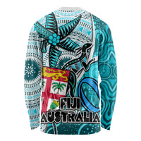 Fiji Australia Rugby Long Sleeve Shirt Kangaroo and Palm Tree Blue Tapa Pattern Mix Aboriginal LT03 - Polynesian Pride