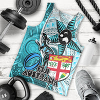Fiji Australia Rugby Men Tank Top Kangaroo and Palm Tree Blue Tapa Pattern Mix Aboriginal LT03 Blue - Polynesian Pride