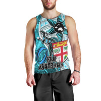 Fiji Australia Rugby Men Tank Top Kangaroo and Palm Tree Blue Tapa Pattern Mix Aboriginal LT03 - Polynesian Pride