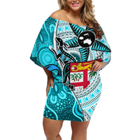 Fiji Australia Rugby Off Shoulder Short Dress Kangaroo and Palm Tree Blue Tapa Pattern Mix Aboriginal LT03 Women Blue - Polynesian Pride