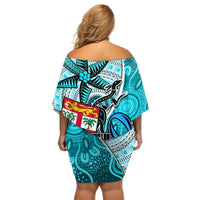 Fiji Australia Rugby Off Shoulder Short Dress Kangaroo and Palm Tree Blue Tapa Pattern Mix Aboriginal LT03 - Polynesian Pride
