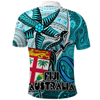 Fiji Australia Rugby Polo Shirt Kangaroo and Palm Tree Blue Tapa Pattern Mix Aboriginal LT03 - Polynesian Pride