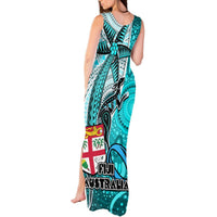 Fiji Australia Rugby Tank Maxi Dress Kangaroo and Palm Tree Blue Tapa Pattern Mix Aboriginal LT03 - Polynesian Pride