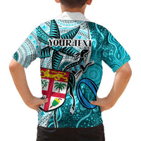 Personalised Fiji Australia Rugby Hawaiian Shirt Kangaroo and Palm Tree Blue Tapa Pattern Mix Aboriginal LT03 - Polynesian Pride