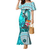 Personalised Fiji Australia Rugby Mermaid Dress Kangaroo and Palm Tree Blue Tapa Pattern Mix Aboriginal LT03 Women Blue - Polynesian Pride