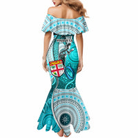 Personalised Fiji Australia Rugby Mermaid Dress Kangaroo and Palm Tree Blue Tapa Pattern Mix Aboriginal LT03 - Polynesian Pride