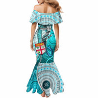 Personalised Fiji Australia Rugby Mermaid Dress Kangaroo and Palm Tree Blue Tapa Pattern Mix Aboriginal LT03 - Polynesian Pride