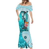 Personalised Fiji Australia Rugby Mermaid Dress Kangaroo and Palm Tree Blue Tapa Pattern Mix Aboriginal LT03 - Polynesian Pride