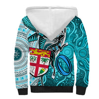 Personalised Fiji Australia Rugby Sherpa Hoodie Kangaroo and Palm Tree Blue Tapa Pattern Mix Aboriginal LT03 - Polynesian Pride
