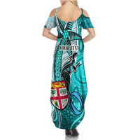 Personalised Fiji Australia Rugby Summer Maxi Dress Kangaroo and Palm Tree Blue Tapa Pattern Mix Aboriginal LT03 - Polynesian Pride