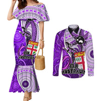 Fiji Australia Rugby Couples Matching Mermaid Dress and Long Sleeve Button Shirts Kangaroo and Palm Tree Purple Tapa Pattern Mix Aboriginal LT03 Purple - Polynesian Pride