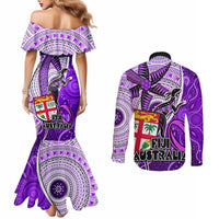 Fiji Australia Rugby Couples Matching Mermaid Dress and Long Sleeve Button Shirts Kangaroo and Palm Tree Purple Tapa Pattern Mix Aboriginal LT03 - Polynesian Pride