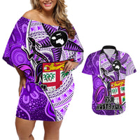 Fiji Australia Rugby Couples Matching Off Shoulder Short Dress and Hawaiian Shirt Kangaroo and Palm Tree Purple Tapa Pattern Mix Aboriginal LT03 Purple - Polynesian Pride