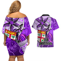 Fiji Australia Rugby Couples Matching Off Shoulder Short Dress and Hawaiian Shirt Kangaroo and Palm Tree Purple Tapa Pattern Mix Aboriginal LT03 - Polynesian Pride