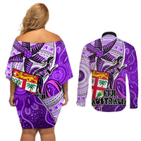 Fiji Australia Rugby Couples Matching Off Shoulder Short Dress and Long Sleeve Button Shirts Kangaroo and Palm Tree Purple Tapa Pattern Mix Aboriginal LT03 - Polynesian Pride