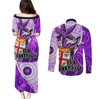 fiji-australia-rugby-couples-matching-puletasi-dress-and-long-sleeve-button-shirts-kangaroo-and-palm-tree-purple-tapa-pattern-mix-aboriginal