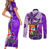 fiji-australia-rugby-couples-matching-short-sleeve-bodycon-dress-and-long-sleeve-button-shirts-kangaroo-and-palm-tree-purple-tapa-pattern-mix-aboriginal