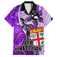 Fiji Australia Rugby Hawaiian Shirt Kangaroo and Palm Tree Purple Tapa Pattern Mix Aboriginal LT03 Purple - Polynesian Pride